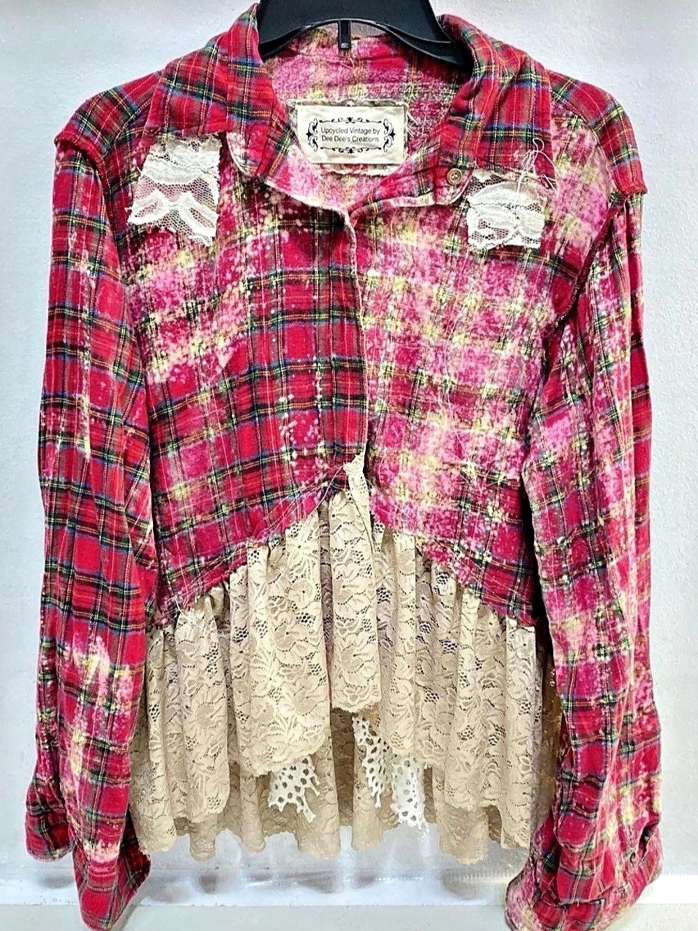 Upcycled Vintage by Dee's Creations Plaid Upcycled Cropped Jacket in Pink & Lace